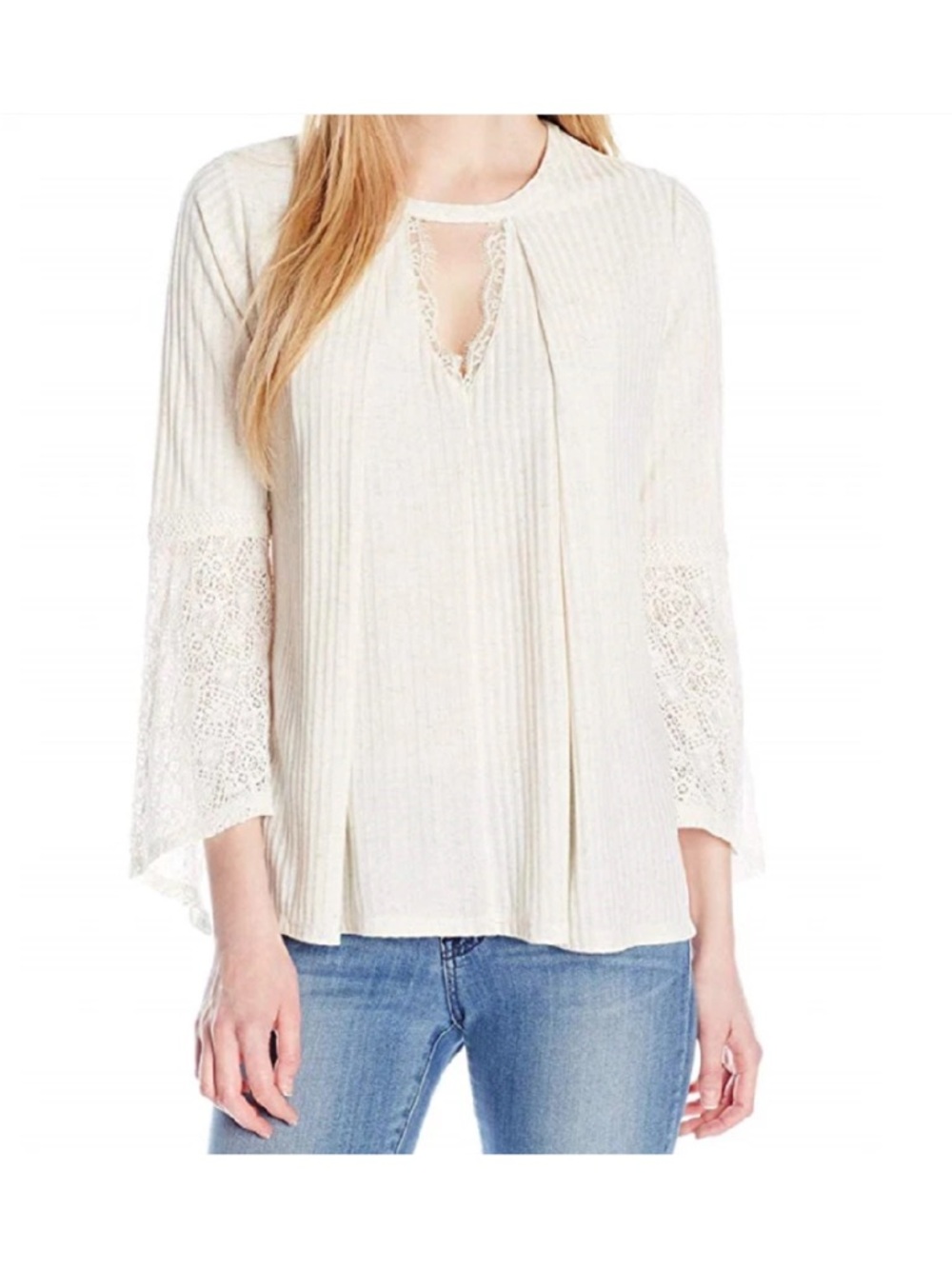 Democracy Cream Ribbed Knit Top with Lace Bell Sleeves